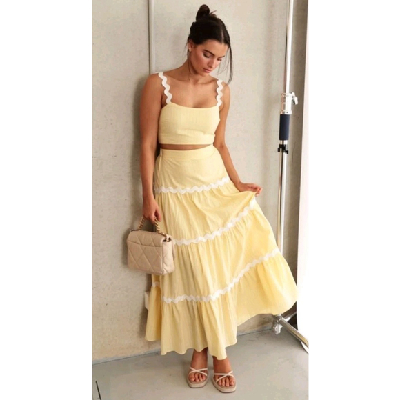 anna kaci Dresses & Skirts - NWT Butter Yellow Two Piece Set Tank Top & Midi Skirt Size L Cottage Core Girly